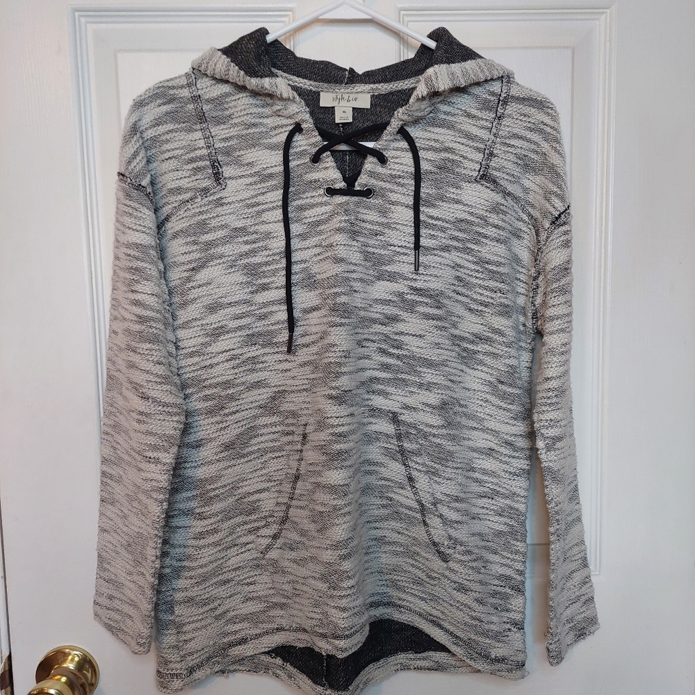 Style & Co White Black Textured Lace Up Hoodie Marled Knit Sweatshirt Sz XS